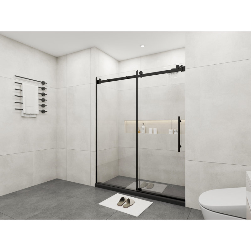 Portes de douche coulissantes en verre sans cadre de 72 po de largeur x 76 po de hauteur avec verre trempé transparent de 3/8 po (10 mm), finition noir mat 