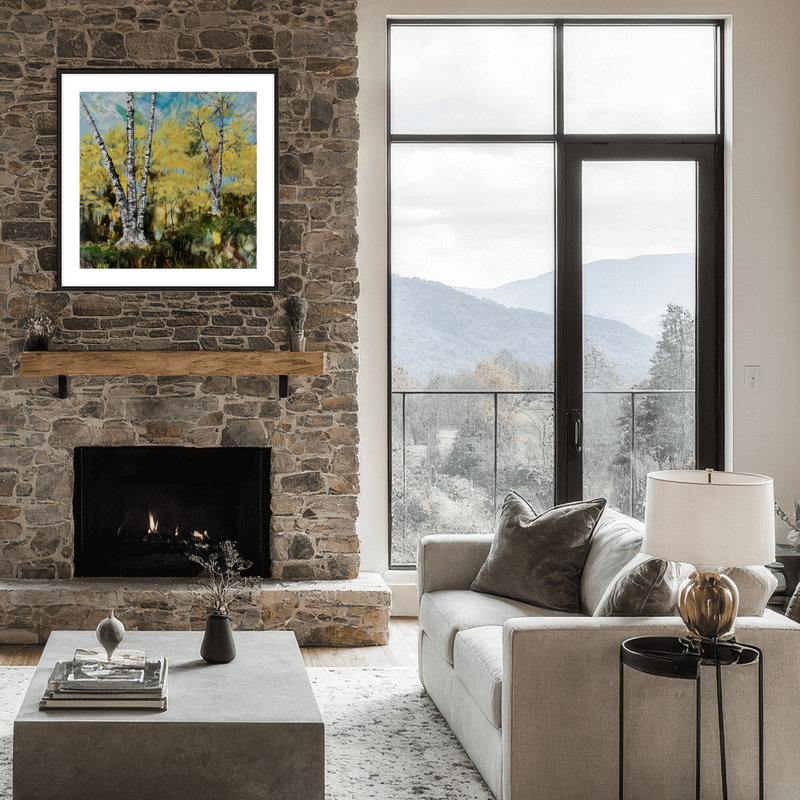 Nature Inspired "Rustic Birch" Canvas Wall Art By , 20" H x 20" W x 1.125" D, Framed Matted Print, Black