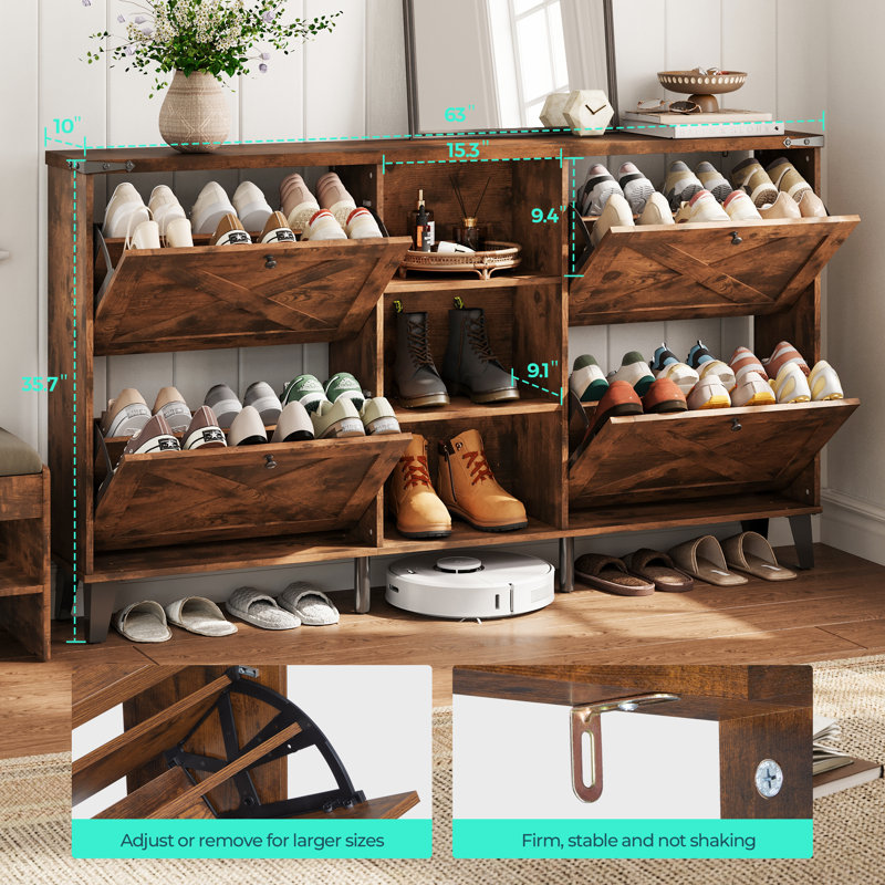 63"W Modern Entryway Shoe Storage Cabinet With Adjustable Shelves And Metal Legs Farmhouse Shoe Rack, Brown Wood