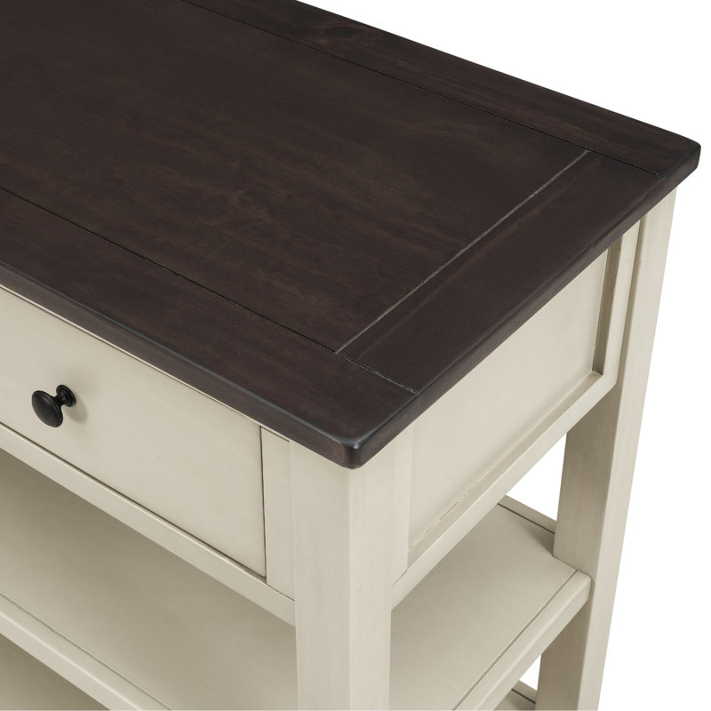 Retro Design Console Table With Two Open Shelves, Pine Solid Wood Frame And Legs For Living Room, Espresso, Beige