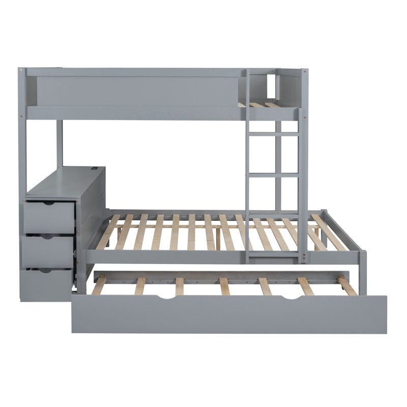 Bunk Bed with Twin Trundle, Storage Drawers & Desk – Space-Saving Kids & Teens Bedroom Furniture, Gray, Full Over Full