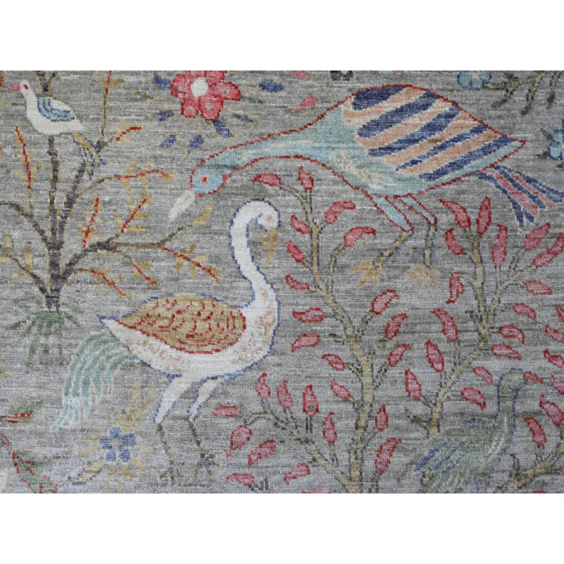 8'10"x12' Jet Grey Afghan Peshawar Bird Design Soft Wool Hand Knotted Rug 54A5485A698D4EA1AC508F470C672F76