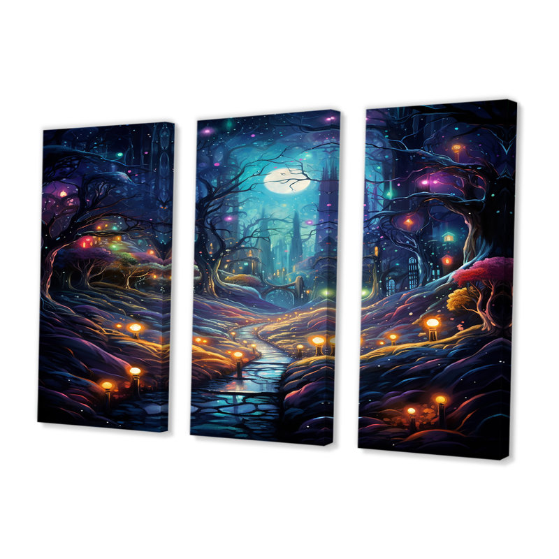 Ensemble de salon Fireflies In Enchanted Full Moon Forest - River Wall Art, Toile tendue, H 32 po x l 48 po x P 1 po
