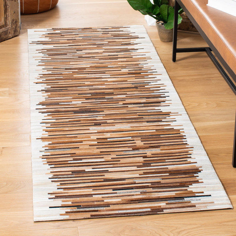 Seavey Hand Woven Leather/Felted Cloth Abstract Rug in Ivory/Brown, Runner 2'3" x 7'