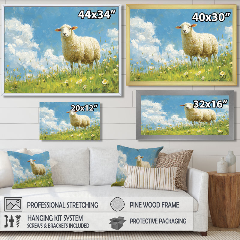 Dovenson Quiet Pasture Sheep Portrait - Sheep Wall Art, H 30 po x l 40 po, Impression encadrée flottante, Blanc
