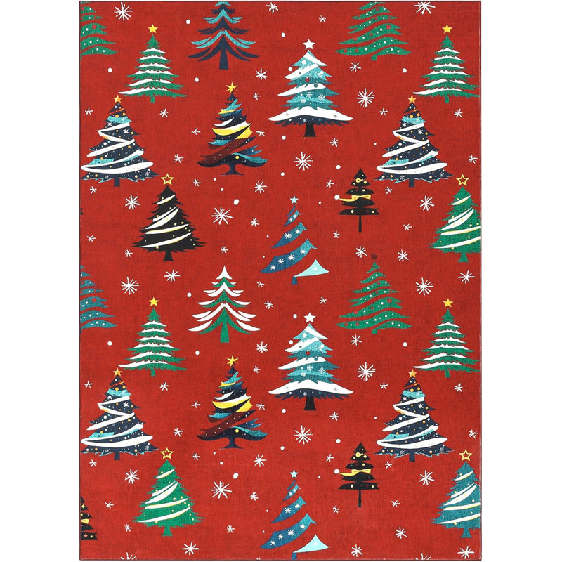 Runner Rug, Washable Rug for Home Decor, Indoor Non Slip Carpet, Soft Low Pile Christmas Rugs with Xmas Tree Motif for Kitchen, Entryway, Living Room, Bedroom