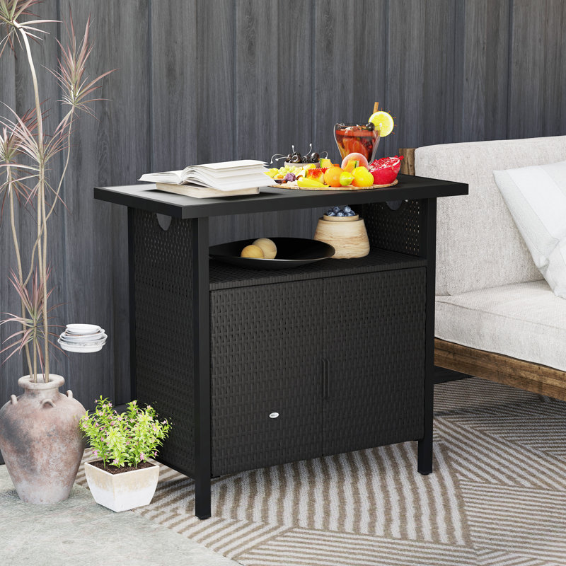 Outdoor Pool Towel Storage Cabinet Organizer, Pool Towel Holder with Shelf and Cabinet, Pool Valet with Weather-Resistant PE Rattan and Steel Frame