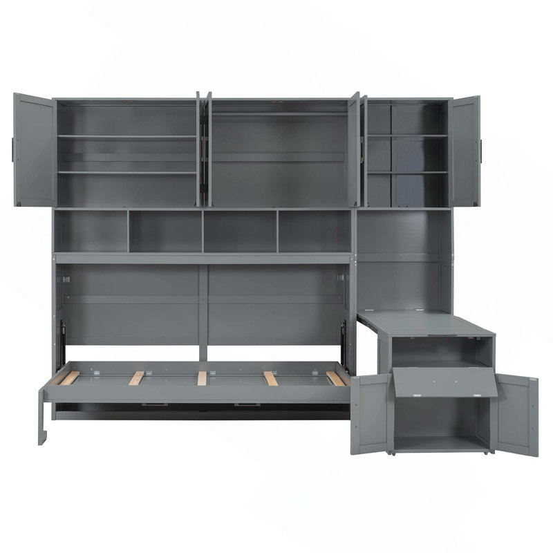 Lit escamotable simple avec placard, tiroirs de rangement et bureau, Grey