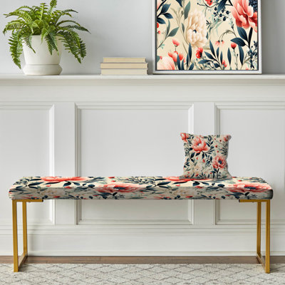 Élégant jardin maritime rouge et bleu sarcelle en fleurs - Banc rembourré floral doré