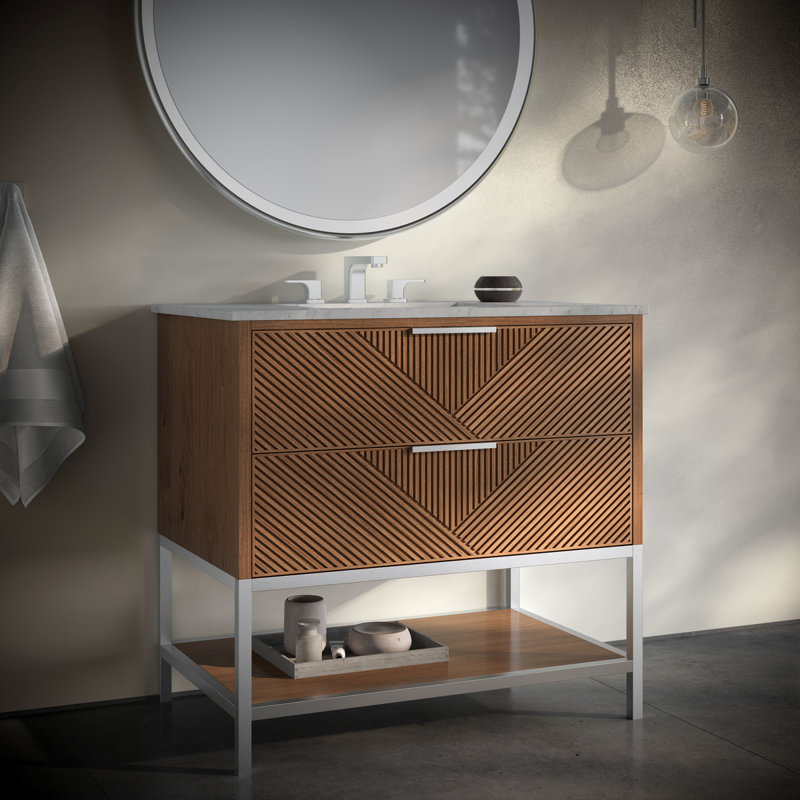 Ensemble de meuble-lavabo Diamond, Nickel brossé, Noyer, Marbre de Carrare italien