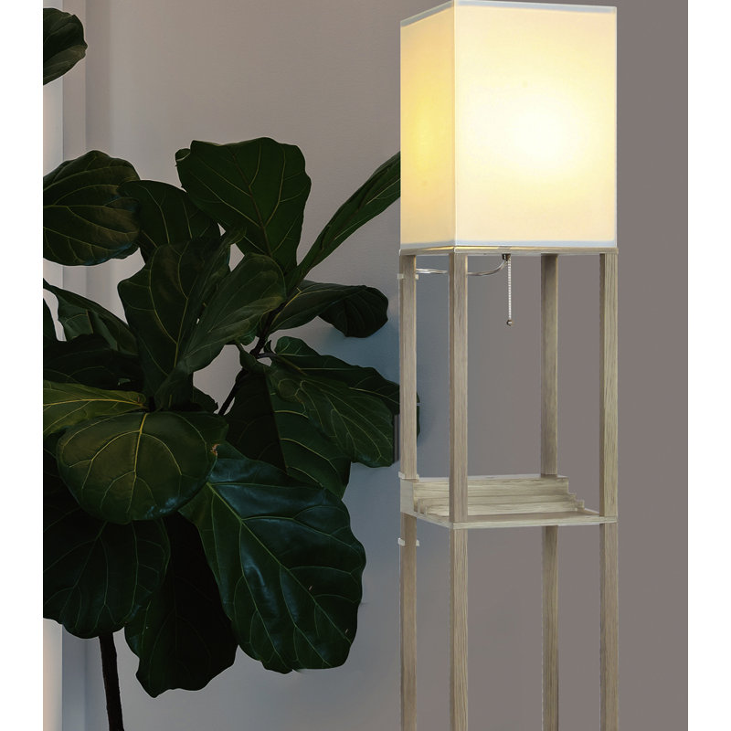 Maxwell 63 in. 3-Shelf USB-Charging LED Floor Lamp with Fabric Square Shade, Beige, Wood