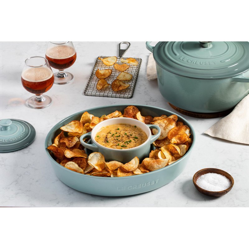 Le Creuset Stoneware Oval Chip And Dip Platter 13 In White, Red