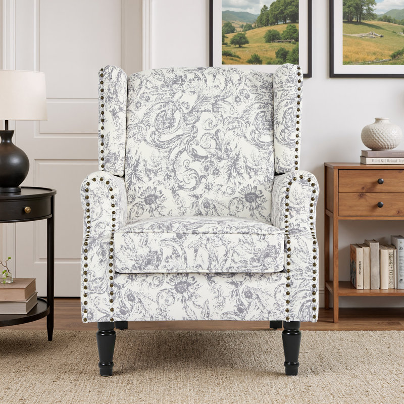 Fauteuil à oreilles tapissier à motif floral gris clair Duward Rococo avec garniture cloutée, Rococo Light Gray