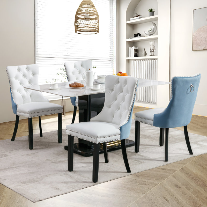 Kingson Modern Glam Tufted Two-Tone Dining Chair with Nailhead Trim & Back Pull Ring, White/Blue, 4