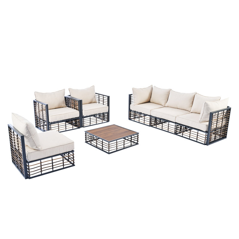 Modern Minimalist 7-Piece Metal Patio Sectional Sofa Set, All-Weather Garden Conversational Furniture Set With Thick Cushions And Coffee Table For Indoor Outdoor