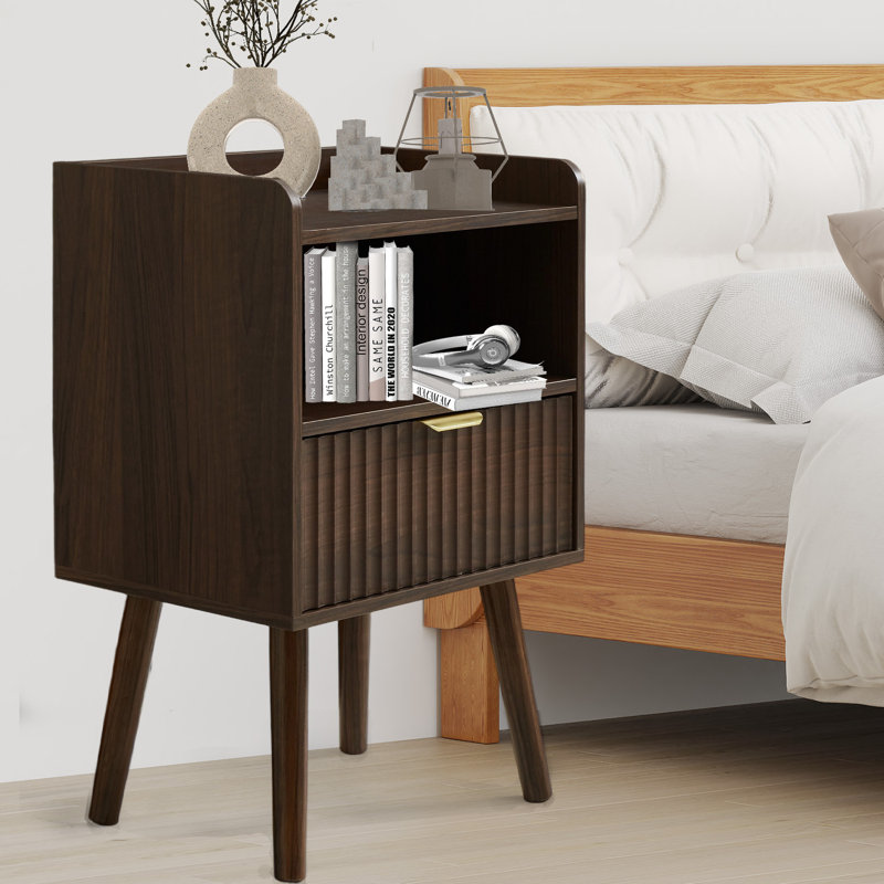 Set of 2 Fluted Nightstands with Charging Station - 16" Modern Bedside Tables with Drawer and Storage, Mid-Century Style with Curved Profile,Walnut