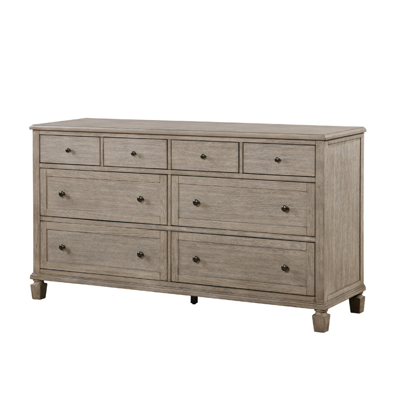 Commode Cely, 66 po, 8 tiroirs, placage de chêne gris, boutons de couleur nickel