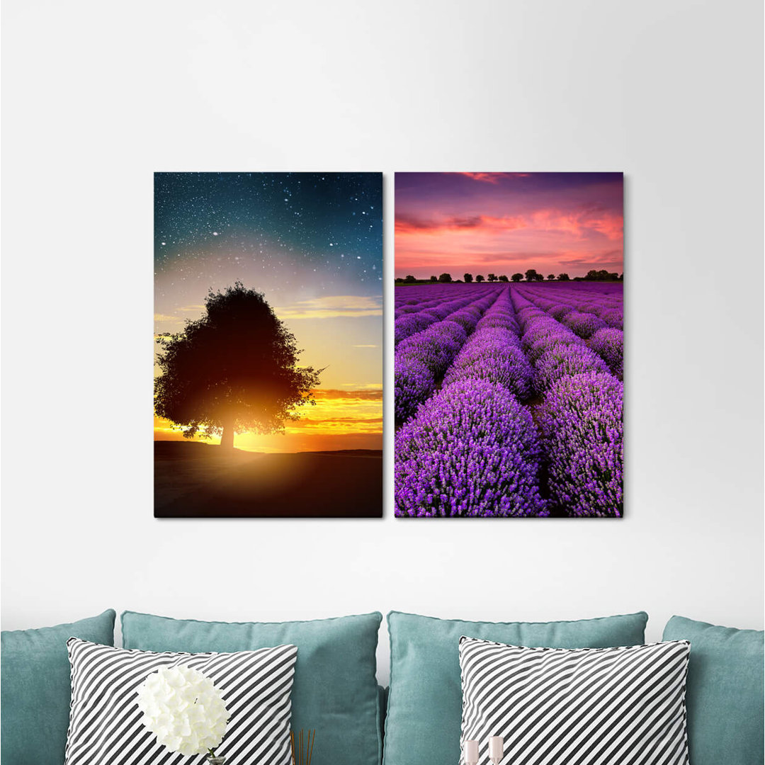 2-tlg. Leinwandbilder-Set - Fotografie „Lonely Tree Lavender Field Starry Sky Sunset Pink Clouds Summer”