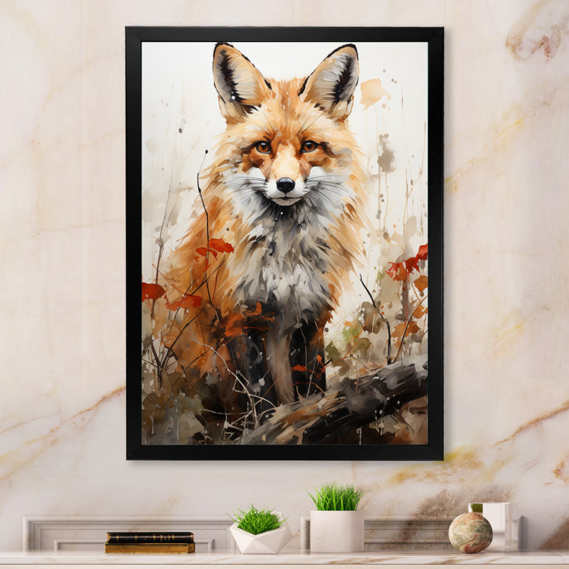Fox Wilderness Observer - Art mural de renard pour le salon, Cadre simple noir, H 20 po x l 12 po x P 1 po
