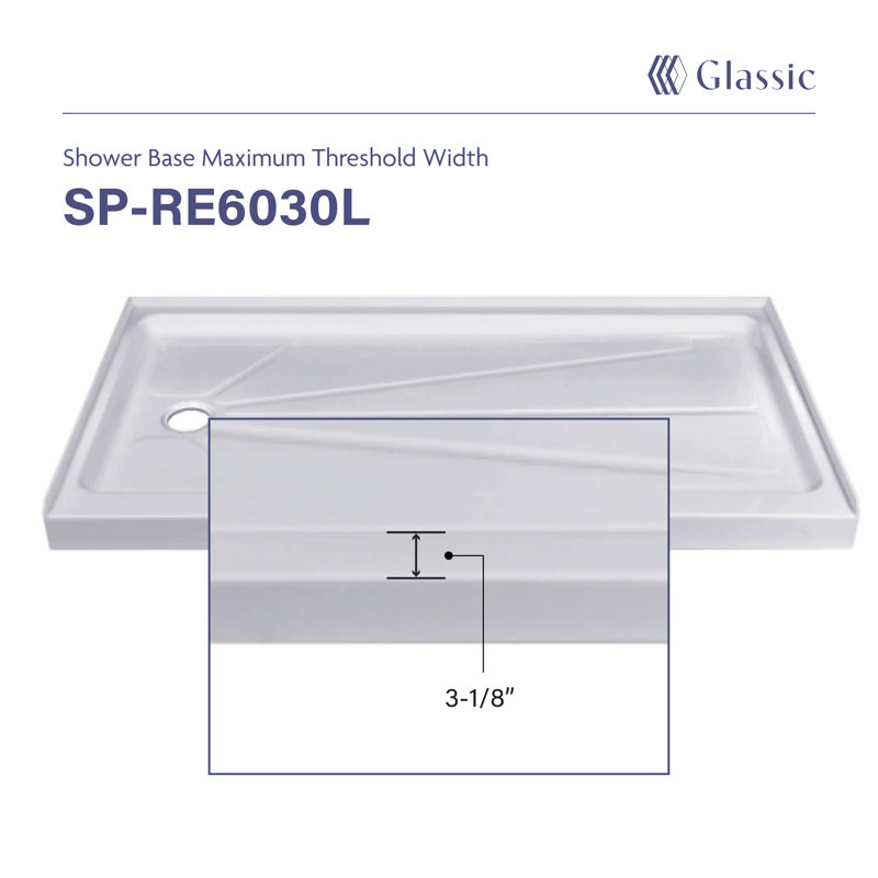60"W X 30"L X 4"H Rectangular Left Drain Acrylic Shower Base | Low Profile | Non-Slip Design| White Color For Modern Bathrooms