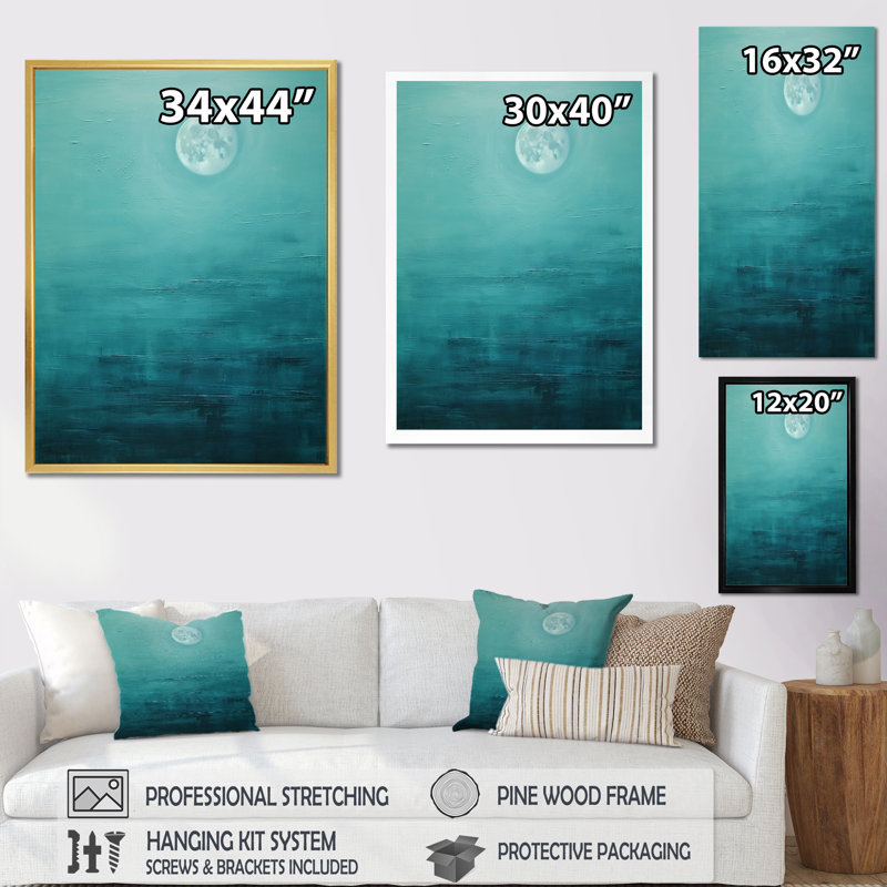 «Teal Moon Tranquility - Moon», reproduction d'art sur toile, H 32 po x l 24 po x P 1 po, Cadre photo noir