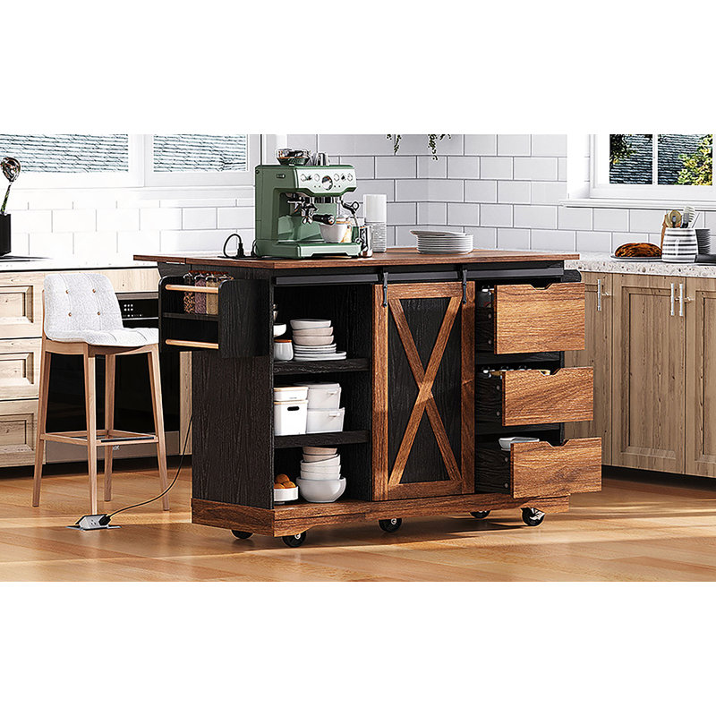 55.5" Farmhouse Kitchen Island With Drop Leaf, Kitchen Storage Island With Barn Door, Power Outlet, Rolling Kitchen Cart On Wheels With Spice Rack, For Home, Kitchen, Dining Room, Black