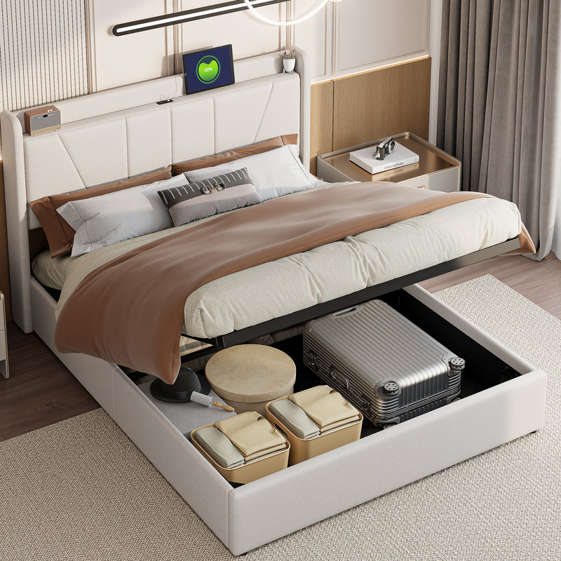 Upholstered Ottoman Storage Bed, Beige, European Double (140 x 200 cm)