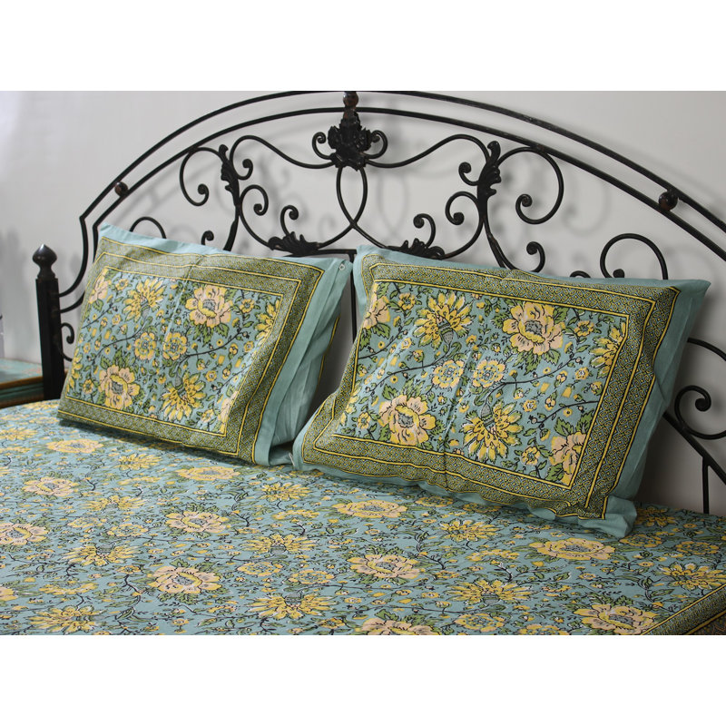 Drap-housse en coton Exotic India, Floral jaune / vert