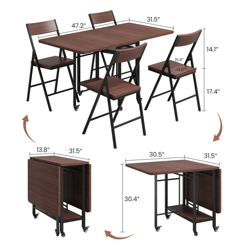Ensemble table et chaises pliantes 5 pièces pour 4 personnes, gain de place : table à abattants, 4 chaises pliantes, étagère de rangement, roulettes verrouillables, structure en acier robuste et compacte – Noyer