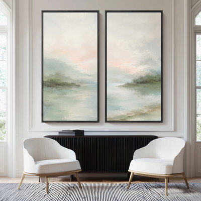 Paysage côtier brumeux bleu sauge doux – Ensemble de 2 impressions d'art encadrées sur toile 60 po x 30 po x 2