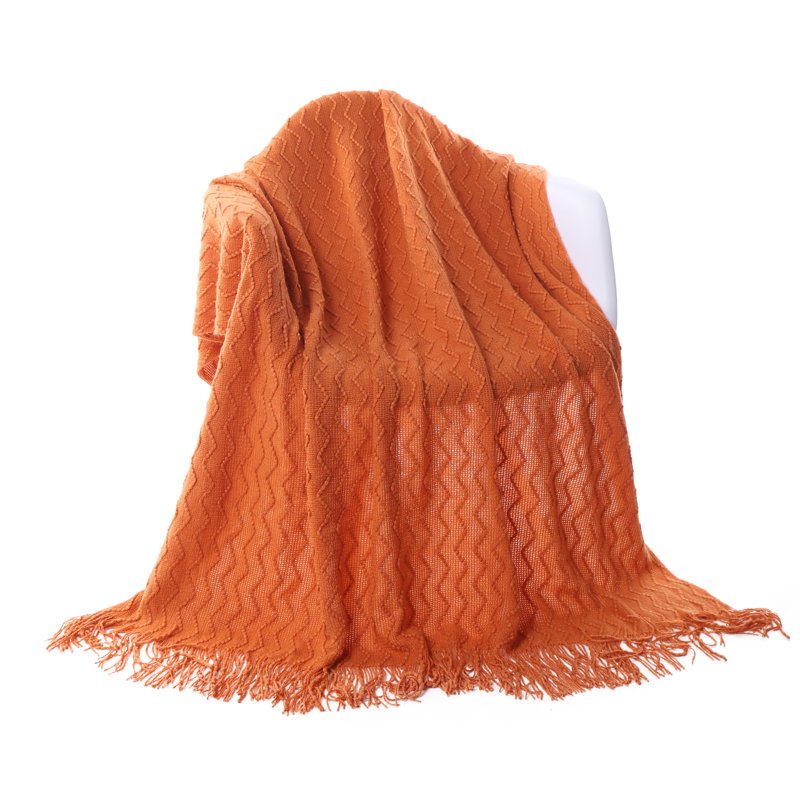 Burnt Orange Knitted Cotton Wool Throw Blanket with Tassels, 50"x60"