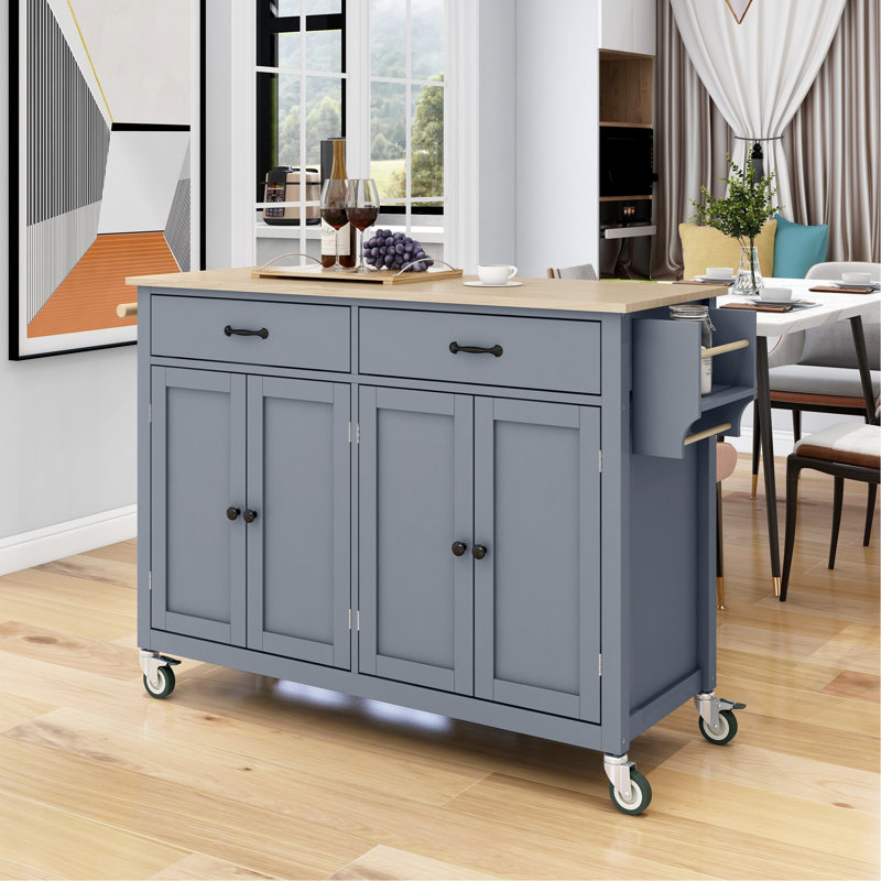 Grey Blue Kitchen Island Cart With Solid Wood Worksurface And Towel Holder, 4 Door Cabinet, 2 Drawers, Spice Rack, Locking Wheels Worktop, &