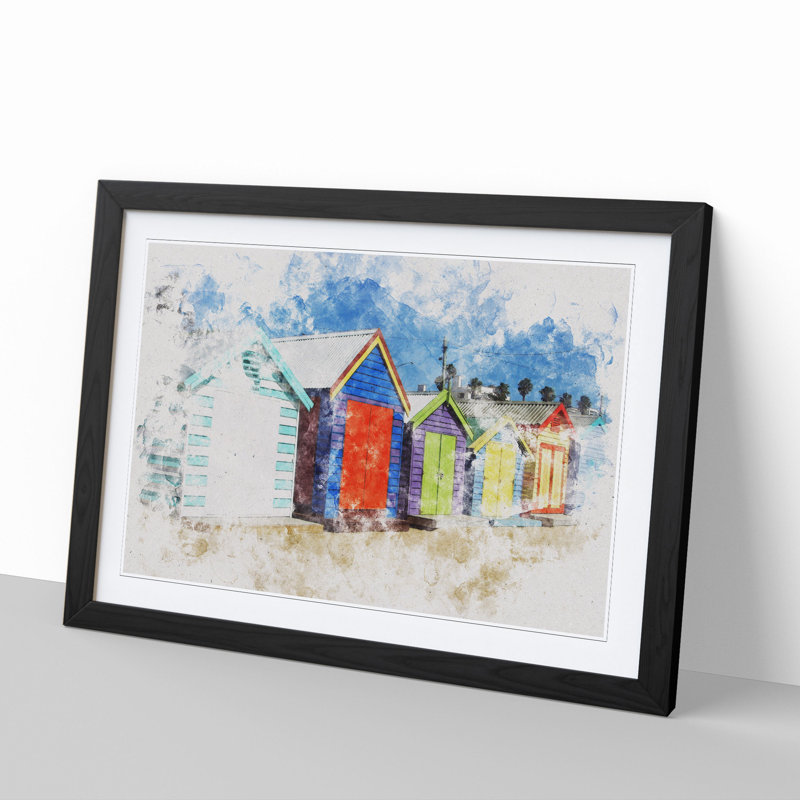 Colourful Beach Huts - Picture Frame Painting, Black, 48cm H x 65cm W x 2cm D