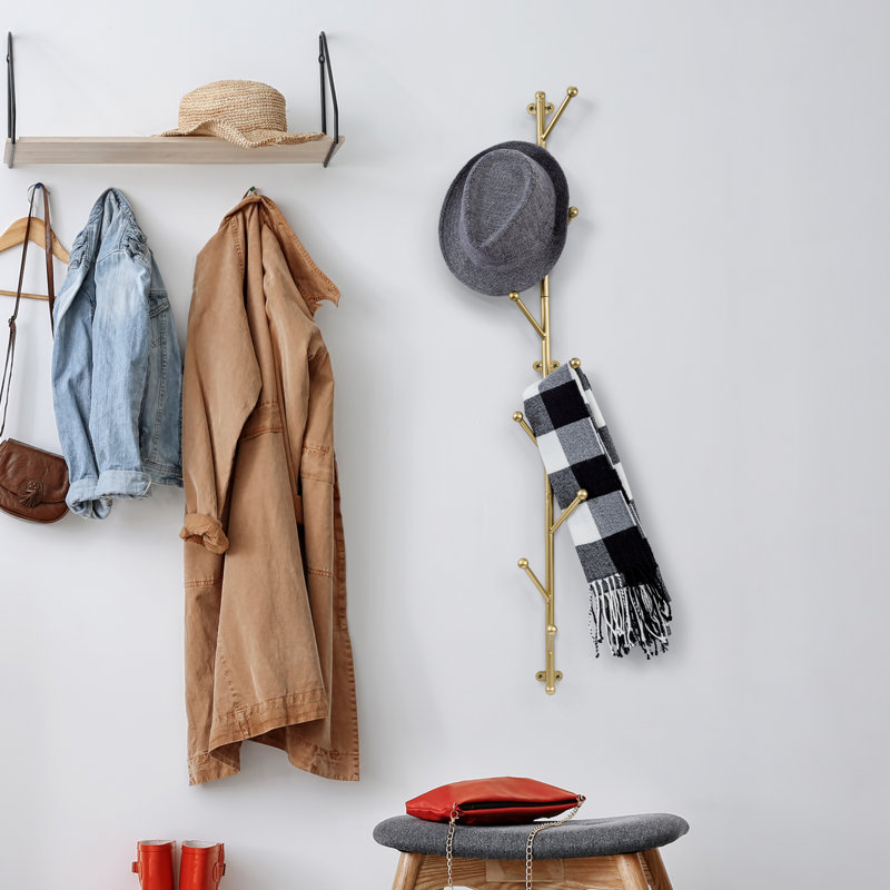 9 Hook Wall Mounted Gold Coat Tree Hat Rack