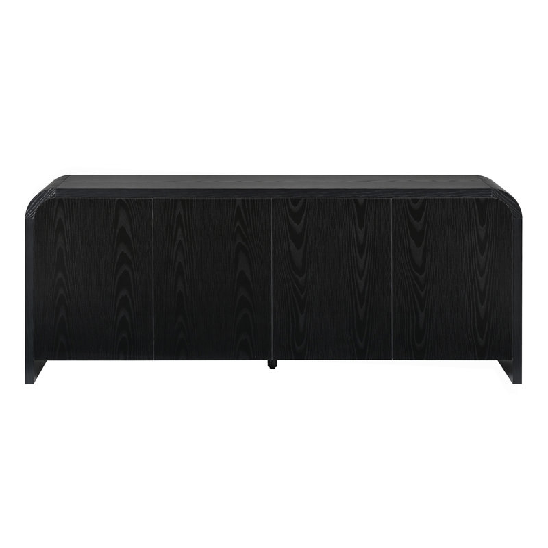 Meuble télé de style ferme aux bords arrondis avec grands placards pour téléviseurs jusqu'à 70 pouces, console multimédia minimaliste en bois veiné avec gestion des câbles, meuble télé de style milieu du siècle avec étagères réglables pour salon, noir