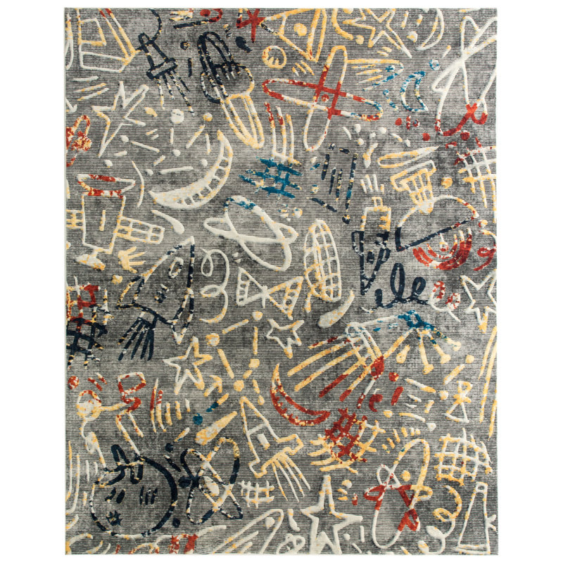 Merzglyphs by Katie Merz Cosmic Charcoal Space Machine Washable Area Rug, Rectangle 7'9" x 9'9"