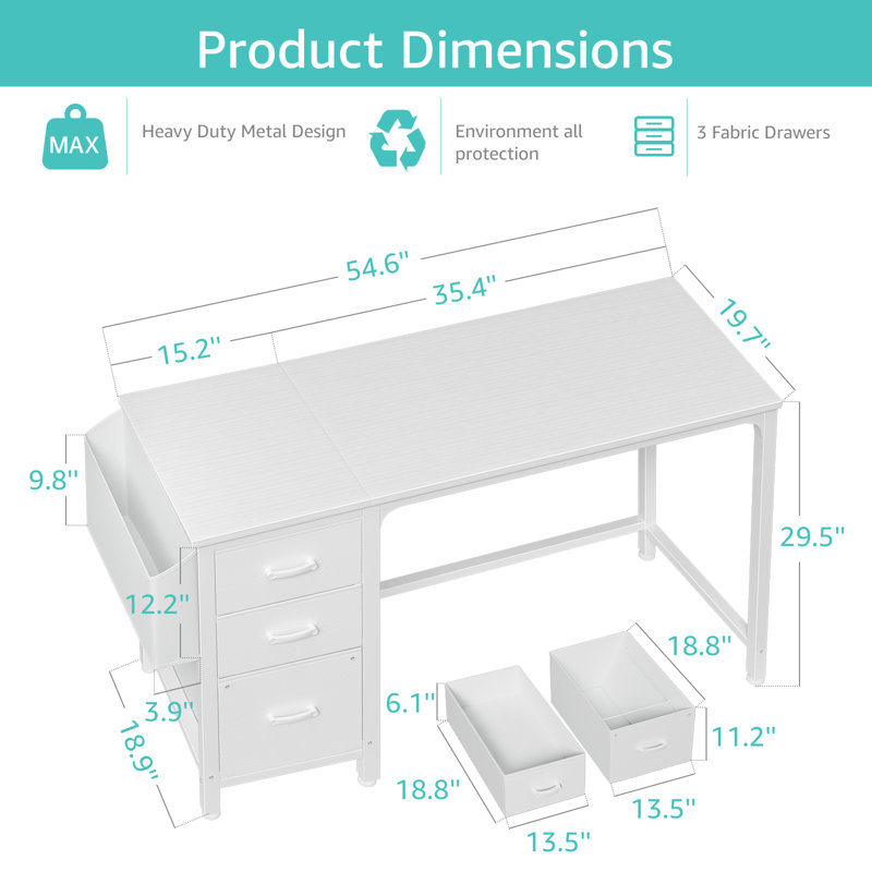 Bureau d'ordinateur avec tiroirs Bureau rectangulaire, H 29,5 po x l 54,5 po x P 19,7 po, Blanc