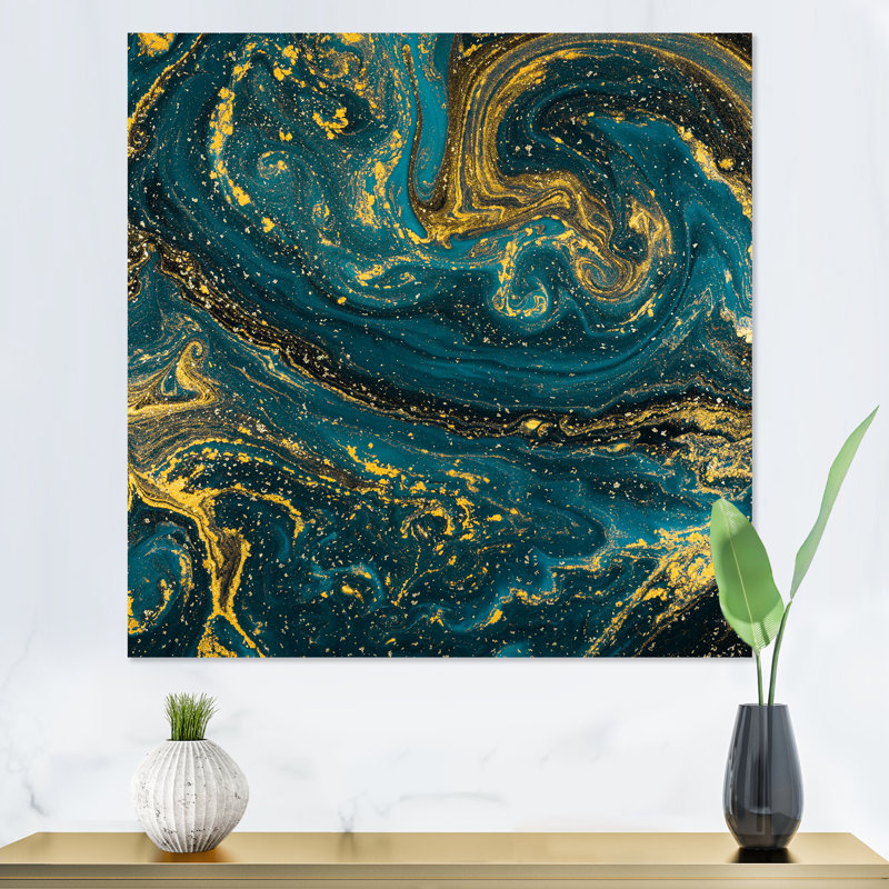 Art bleu doré liquide II - art moderne sur toile, L 16 po x H 16 po, Toile tendue