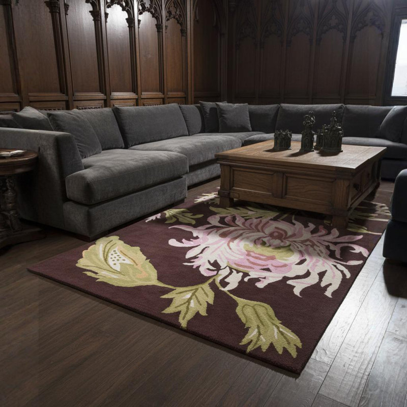 Tapis à motif floral traditionnel en laine touffeté à la main brun, vert, rose, crème et ivoire Jonas, 9 pi x 13 pi