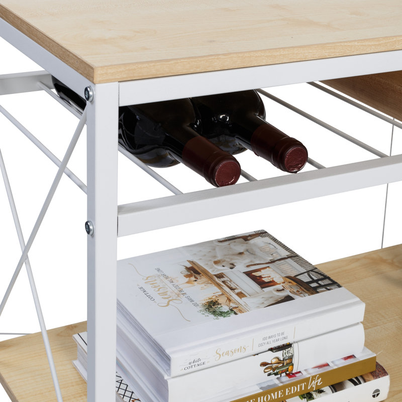 White and Oak Rolling Kitchen Cart with Wine Rack and Storage