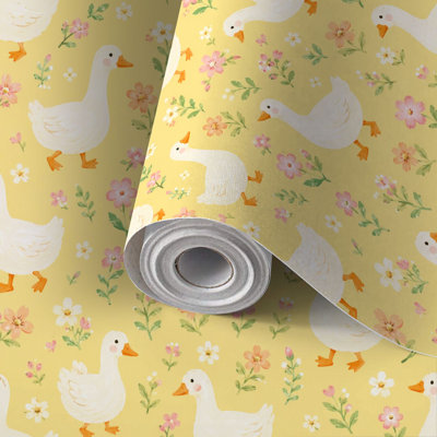 Peel and Stick Wallpaper Contact Paper Cute White Ducks Orange Feet Colorful Flowers Yellow Self Adhesive and Removable 17.7in x 118in(45x300cm)