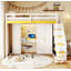 Lit mezzanine double avec escalier de rangement, coiffeuse intégrée avec miroir et tiroir, garde-robe et armoires, ports et lumières de charge USB, blanc et jaune-702913478