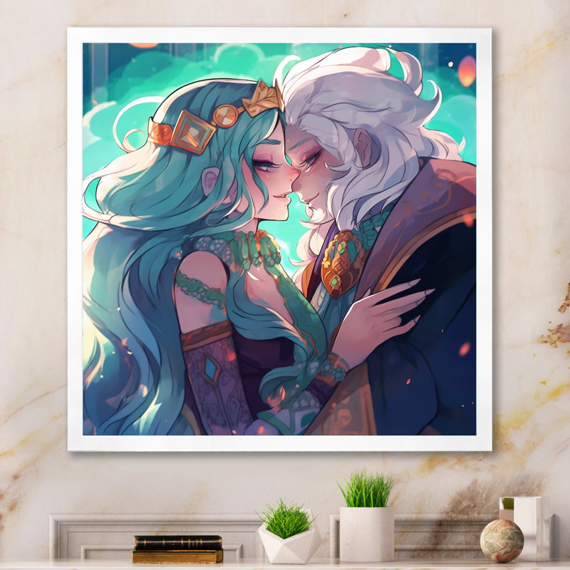 Couple d'anime s'embrassant au pastel tendre I - reproduction sur toile, H 36 po x l 36 po x P 1,5 po, Cadre photo blanc