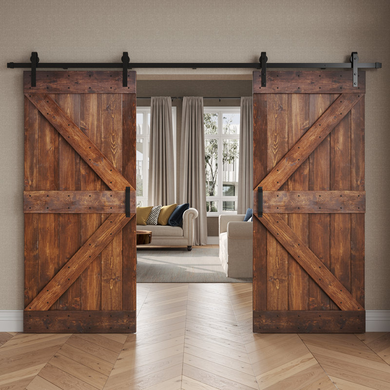 Dark Walnut Pine Wood Double Sliding Barn Door with Hardware Kit, 76" x 84"