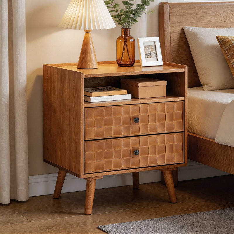 Nightstand with Charging Station, 2 Drawer Bedside Table with Open Shelf, Natural Oak
