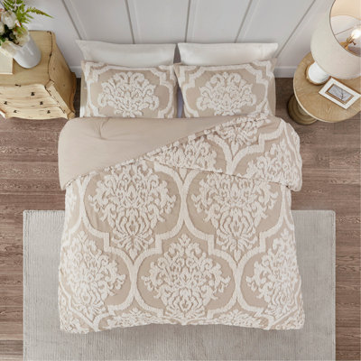 Ensemble d'édredon damassé en coton 3 pièces, taupe double / grand, doux et élégant pour toute chambre à coucher