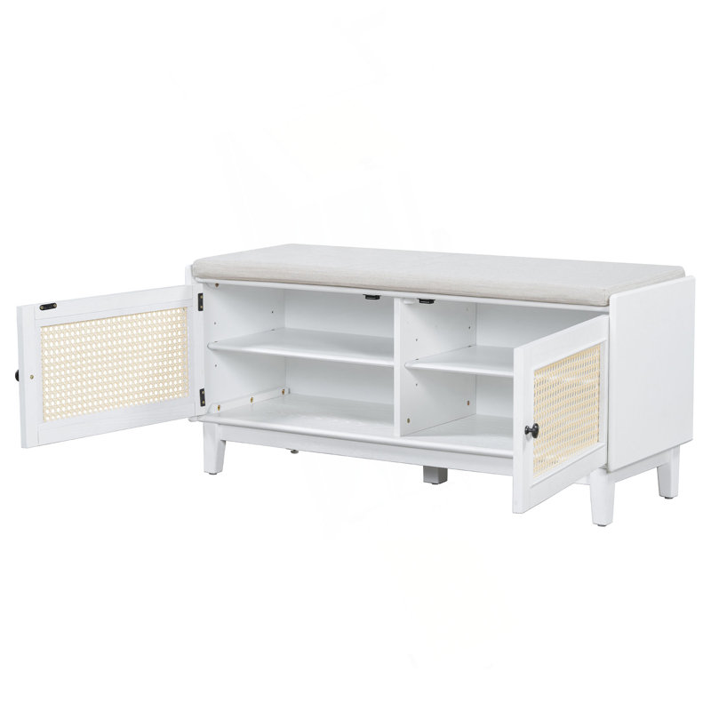 Banc d'entrée en rotin avec rangement Boho, Blanc