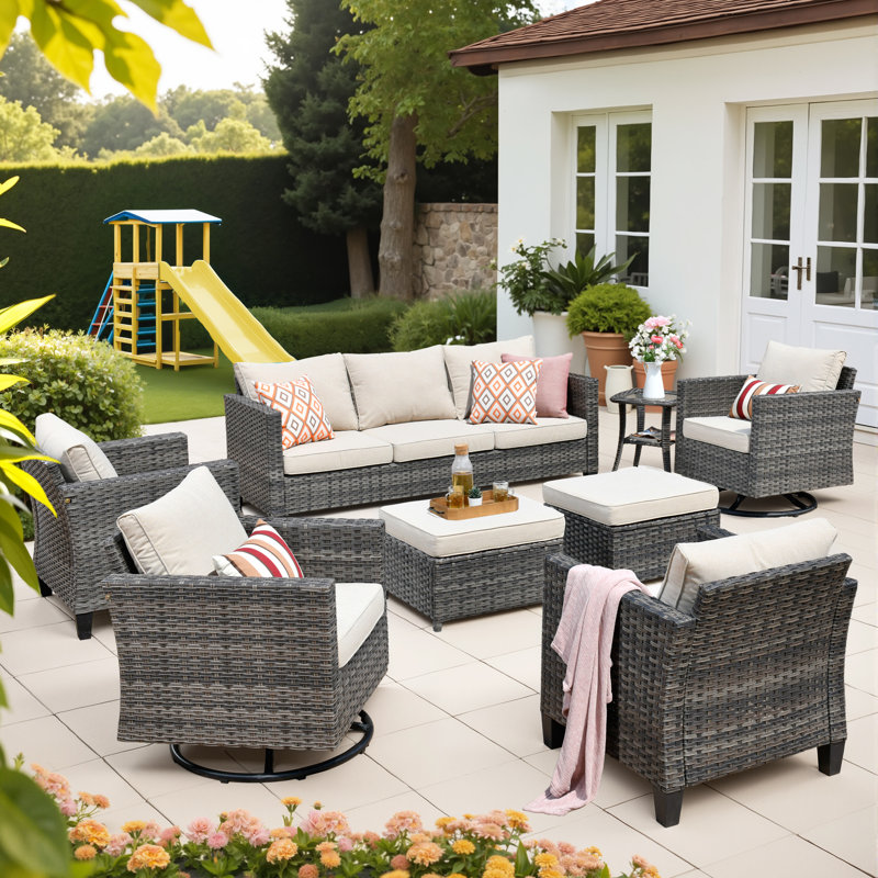 Ensemble de conversation avec canapé en rotin 8 pièces et coussins 8 pièces, Beige