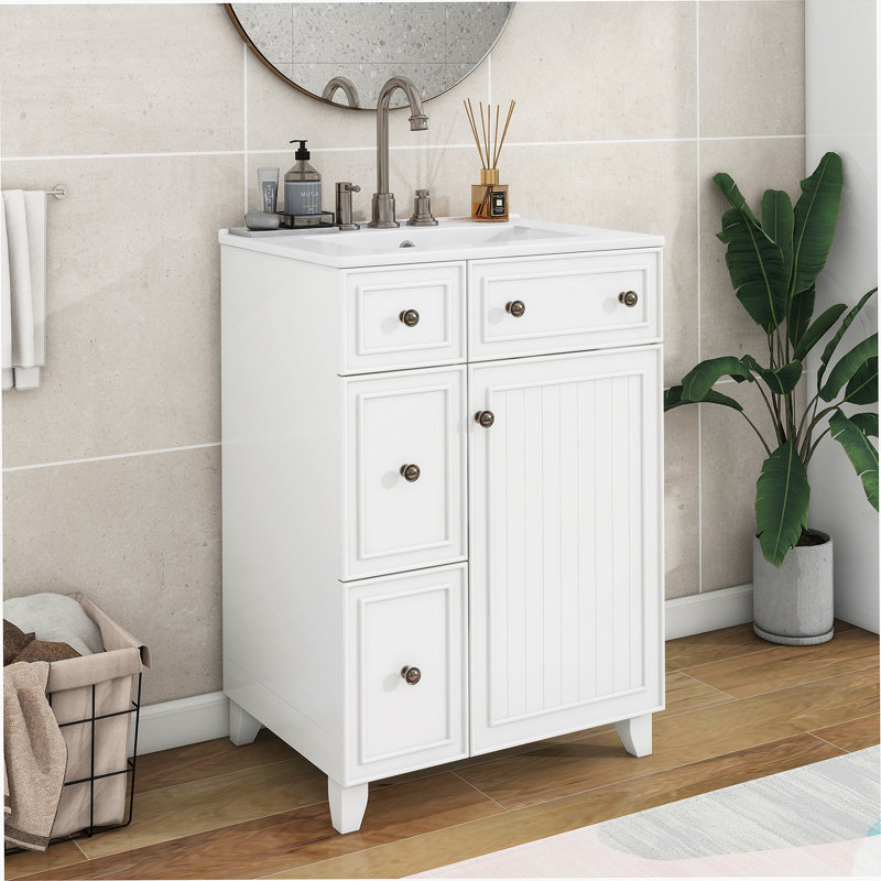 Armoire de meuble-lavabo 24 po avec lavabo en céramique, 2 tiroirs, 1 porte, Blanc