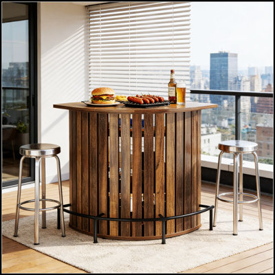 Stylish Arc-Shaped Bar Table with Vertical Slats, Perfect for Modern and Rustic Decor, Enhancing Any Home's Aesthetic and Functionality.
